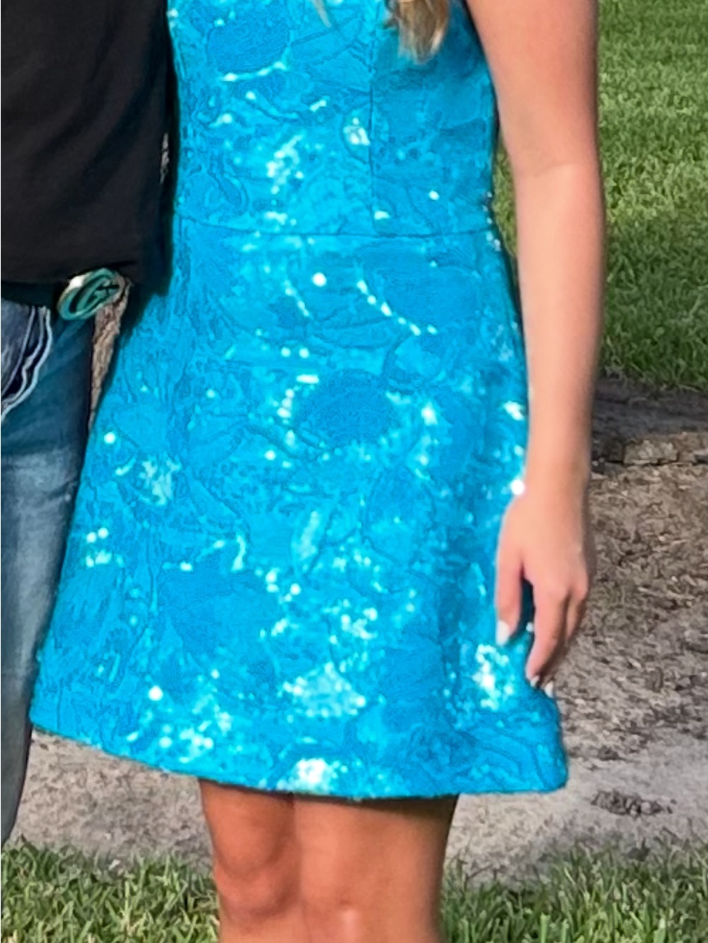 Strapless Turquoise Lace A-Line Dress